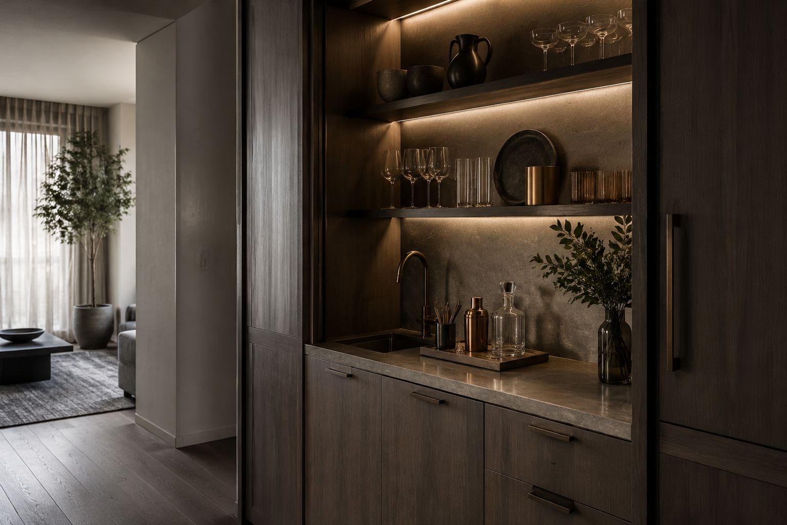 Dark timber and polished plaster bar