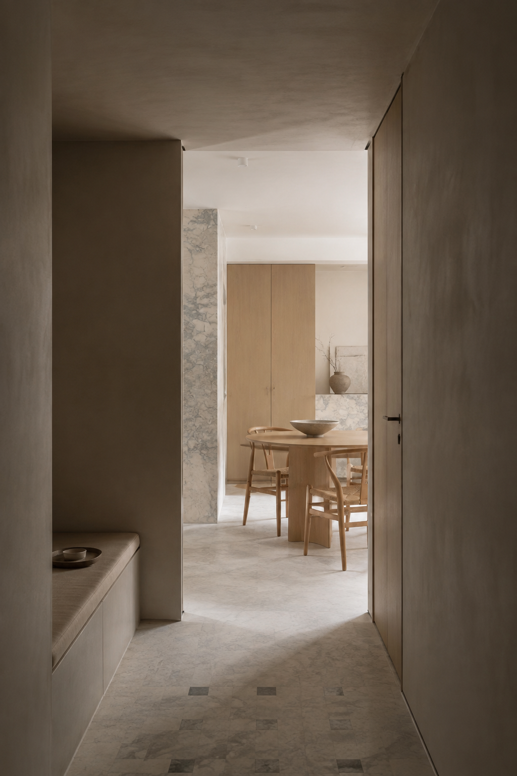 Warm stone and timber hallway