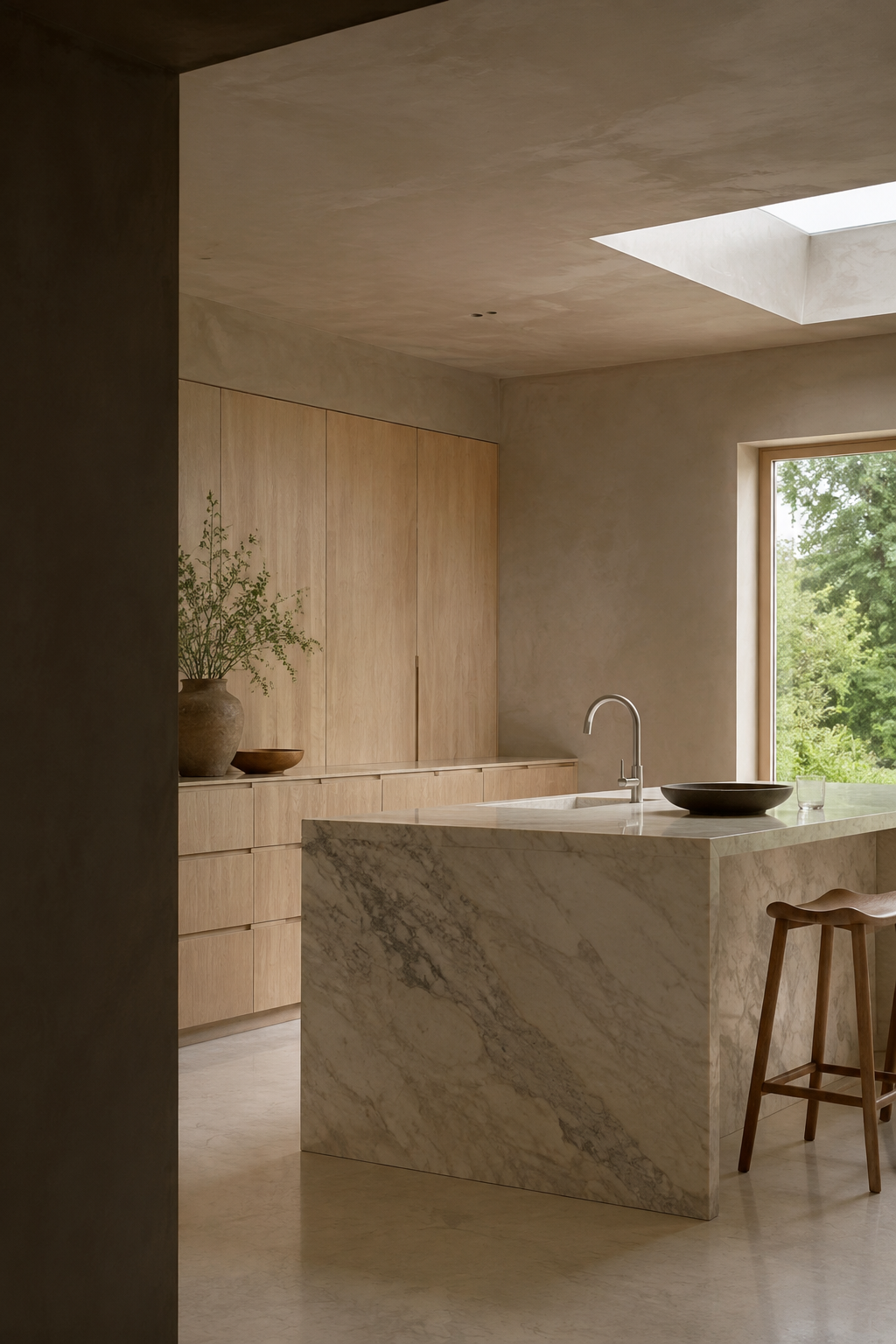 Warm plaster and natural stone kitchen interior
